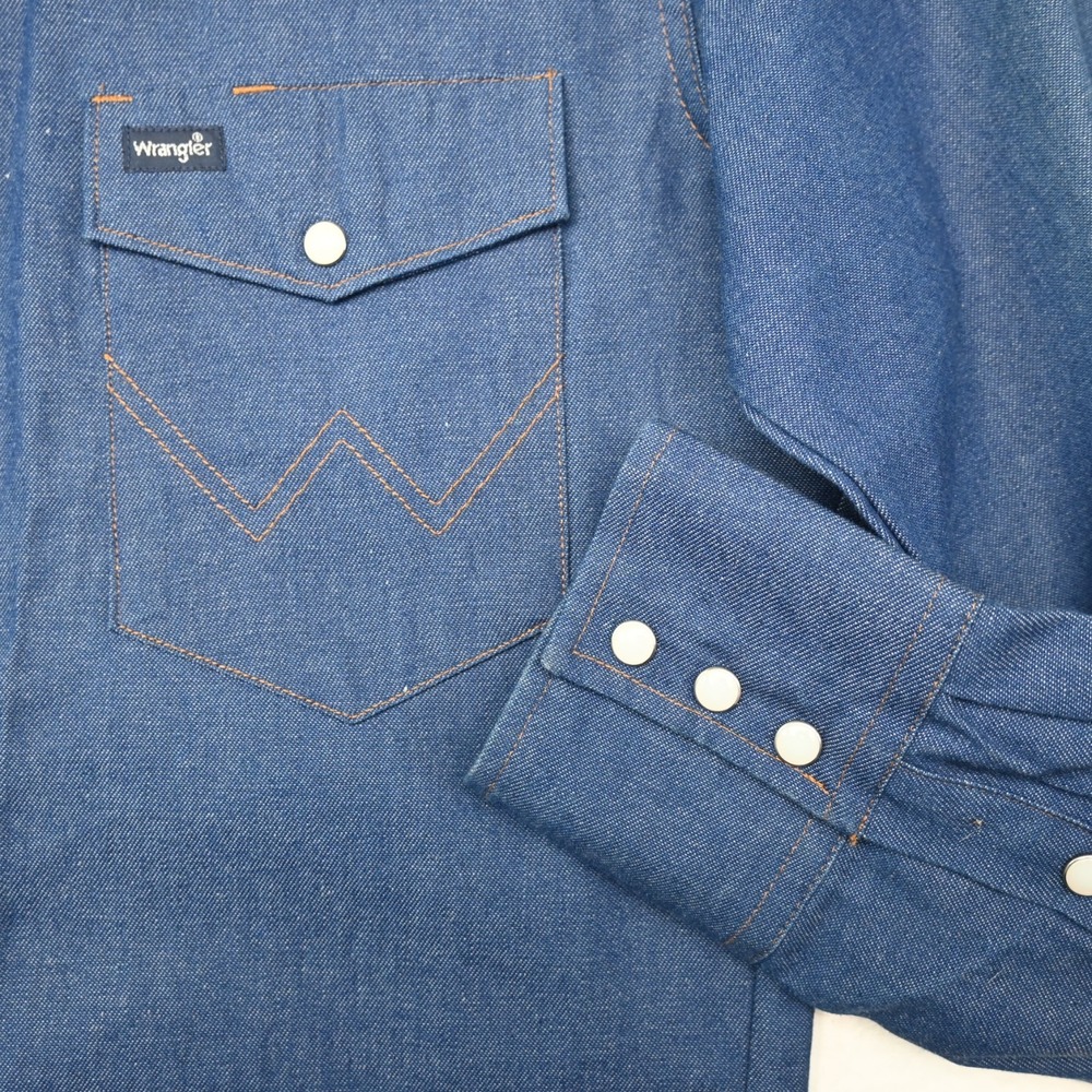 Vtg Wrangler Large Cotton Denim Pearl Snap L/S Western Rockabilly Rodeo Shirt - Picture 3 of 12